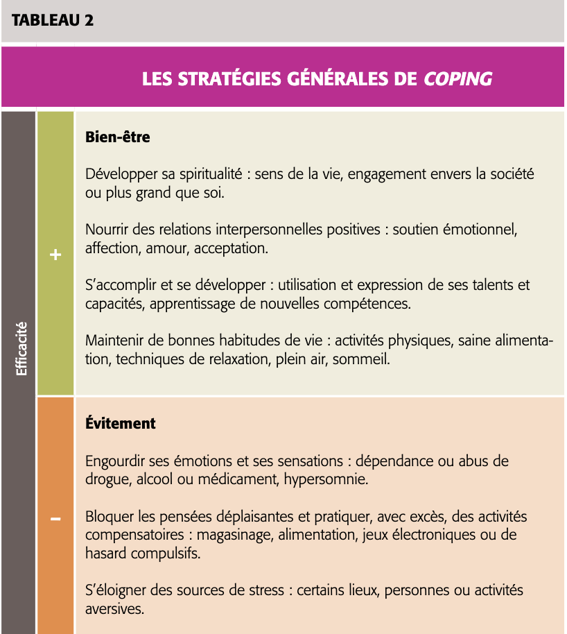 Tableau 2 des stratégies de coping de Lucie Côté